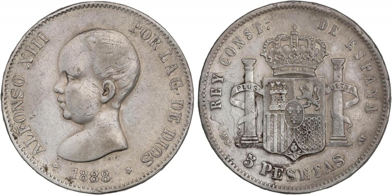 PESETA SYSTEM: ALFONSO XIII
5 Pesetas. 1888 (*18-88). M.S.-M. El segundo 8 de l...