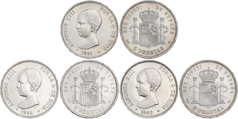 PESETA SYSTEM: ALFONSO XIII
Lote 3 monedas 5 Pesetas. 1890, 1891 y 1892. 1890 (...