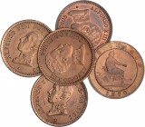 PESETA SYSTEM: LOTS
Lote 5 monedas 2 Céntimos. 1870, 1904, 1905, 1911 y 1912. GOBIERNO PROVISIONAL, ALFONSO XIII. 1870 O.M., 1904 (*04 ) S.M.-V., 190...