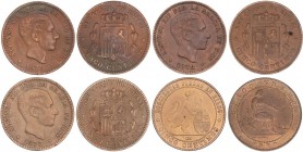 PESETA SYSTEM: LOTS
Lote 4 monedas 5 Céntimos. 1870, 1877, 1878 y 1879. GOBIERNO PROVISIONAL, ALFONSO XII. O.M. A EXAMINAR. EBC a EBC+.