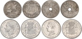 PESETA SYSTEM: LOTS
Lote 4 monedas 25 Céntimos (2) y 2 Pesetas (2). 1882 a 1927. ALFONSO XII y ALFONSO XIII. 25 Céntimos 1925 y 1927 y 2 Pesetas 1882...