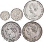 PESETA SYSTEM: LOTS
Lote 5 monedas 50 Céntimos, 1 y 5 Pesetas (3). 1875 a 1903. ALFONSO XII y ALFONSO XIII. 50 Céntimos 1885 (*8-6), 1 Peseta 1903 (*...