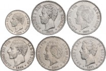 PESETA SYSTEM: LOTS
Lote 6 monedas 2 y 5 Pesetas (5). 1871 a 1894. AMADEO I, ALFONSO XII y ALFONSO XIII. Todas diferentes y con estrellas visibles. A...