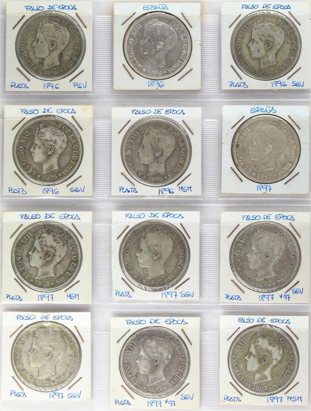 PESETA SYSTEM: COUNTERFEIT COINS
Lote 17 monedas 5 Pesetas. 1896 a 1899. ALFONS...