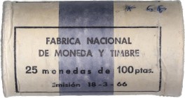 PESETA SYSTEM: ESTADO ESPAÑOL
Cartridge and F.N.M.T.
Lote 25 monedas 100 Pesetas. 1966 (*19-66). En cartucho original F.N.M.T. SC.