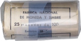 PESETA SYSTEM: ESTADO ESPAÑOL
Cartridge and F.N.M.T.
Lote 25 monedas 100 Pesetas. 1966 (*19-67). En cartucho original F.N.M.T. (Abierto). SC.