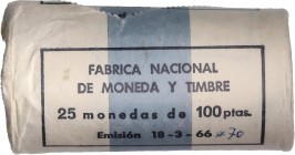 PESETA SYSTEM: ESTADO ESPAÑOL
Cartridge and F.N.M.T.
Lote 25 monedas 100 Pesetas. 1966 (*19-70). En cartucho original F.N.M.T. SC.