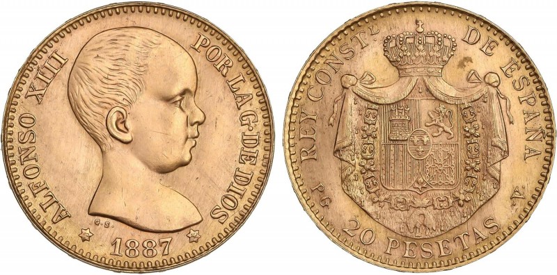 PESETA SYSTEM: OFFICIAL RESTRIKES
20 Pesetas. 1887 (*19-62). P.G.-V. (Levísimas...