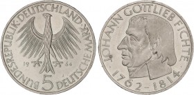 WORLD COINS: GERMANY
Germany
5 Marcos. 1964-J. HAMBURGO. 11,26 grs. AR. 150 Aniversario de la muerte de Fichte. Brillo original. KM-118.1. SC.