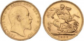 WORLD COINS: AUSTRALIA
Australia
Soberano. 1908-M. EDUARDO VII. MELBOURNE. 7,96 grs. AU. (Rayitas y pequeños golpecitos en gráfila del anverso). Fr-...
