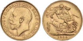 WORLD COINS: AUSTRALIA
Australia
Soberano. 1924-M. JORGE V. MELBOURNE. 7,96 grs. AU. (Golpecitos en gráfila del anverso). Fr-39 ; KM-29. EBC.