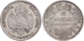 WORLD COINS: BOLIVIA
Bolivia
1 Boliviano. 1872. 24,75 grs. AR. (Pequeños golpecitos). KM-160.1. MBC+.