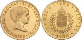 WORLD COINS: BRAZIL
Brazil
6.400 Reis. 1832-R. PEDRO II. RÍO DE JANEIRO. 14,34 grs. AU. Tirada máxima: 30.000 piezas. (Levísimas rayitas). Restos de...