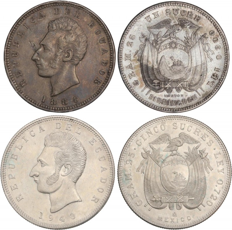 WORLD COINS: ECUADOR
Ecuador
Lote 2 monedas 1 y 5 Sucres. 1884 y 1943. AR. (18...