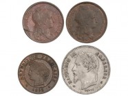WORLD COINS: FRANCE
France
Lote 4 monedas 1 (3) y 50 Céntimos. 1867-A, 1895, 1911 y 1916. NAPOLEÓN III y III REPÚBLICA. AE. KM-814.1, 826.1, 840. EB...