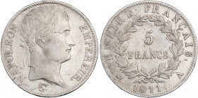 WORLD COINS: FRANCE
France
5 Francos. 1811-A. NAPOLEÓN EMPERADOR. PARÍS. 24,8 grs. AR. (Pequeños golpecitos, limpiada). KM-694.1. (EBC).