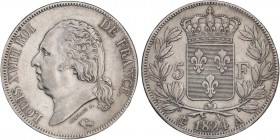 WORLD COINS: FRANCE
France
5 Francos. 1824-A. LUÍS XVIII. PARÍS. 24,92 grs. AR. (Limpiada). KM-711.1. MBC+.