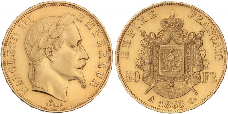 WORLD COINS: FRANCE
France
50 Francos. 1865-A. NAPOLEÓN III. PARÍS. 16,11 grs....