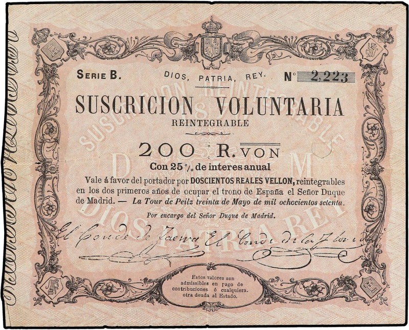 SPANISH BANK NOTES: ANCIENT
Spanish Banknotes
Suscrición Voluntaria 200 Reales...