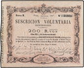 SPANISH BANK NOTES: ANCIENT
Spanish Banknotes
Suscrición Voluntaria 200 Reales de Vellón. 30 Mayo 1870. CARLOS VII, PRETENDIENTE. LA TOUR DE PEILZ. ...