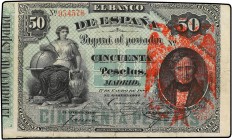 SPANISH BANK NOTES: BANCO DE ESPAÑA
Spanish Banknotes
50 Pesetas. 1 Enero 1884. Mendizábal. Con sello tampón rojo águila de San Juan, de origen priv...