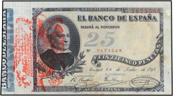 SPANISH BANK NOTES: BANCO DE ESPAÑA
Spanish Banknotes
25 Pesetas. 24 Julio 1893. Jovellanos. Con sello tampón rojo águila de San Juan, de origen pri...
