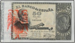SPANISH BANK NOTES: BANCO DE ESPAÑA
Spanish Banknotes
50 Pesetas. 2 Enero 1898. Jovellanos. Con sello tampón rojo águila de San Juan, de origen priv...