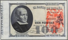 SPANISH BANK NOTES: BANCO DE ESPAÑA
Spanish Banknotes
100 Pesetas. 24 Julio 1898. Jovellanos. Con sello tampón rojo águila de San Juan, de origen pr...