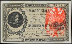 SPANISH BANK NOTES: BANCO DE ESPAÑA
Spanish Banknotes
50 Pesetas. 30 Noviembre 1902. Velázquez. Con sello tampón rojo águila de San Juan, de origen ...