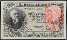 SPANISH BANK NOTES: BANCO DE ESPAÑA
Spanish Banknotes
50 Pesetas. 19 Marzo 1905. Echegaray. Con sello tampón rojo águila de San Juan, de origen priv...