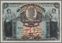 SPANISH BANK NOTES: BANCO DE ESPAÑA
Spanish Banknotes
50 Pesetas. 15 Julio 1907. Catedral de Burgos. (Dos pliegues). Ed-319. MBC+.