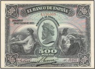 SPANISH BANK NOTES: BANCO DE ESPAÑA
Spanish Banknotes
500 Pesetas. 28 Enero 1907. (Pequeñas reparaciones). MUY ESCASO. Ed-316. (MBC+).