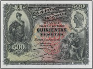 SPANISH BANK NOTES: BANCO DE ESPAÑA
Spanish Banknotes
500 Pesetas. 15 Julio 1907. Alcázar de Segovia. (Leves reparaciones en márgenes por doblez cen...