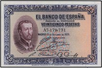 SPANISH BANK NOTES: BANCO DE ESPAÑA
Spanish Banknotes
25 Pesetas. 12 Octubre 1926. San Francisco Xavier. Serie A. Sello en seco de GOBIERNO PROVISIO...