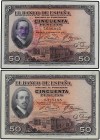 SPANISH BANK NOTES: BANCO DE ESPAÑA
Spanish Banknotes
Lote 2 billetes 50 Pesetas. 17 Mayo 1927. Alfonso XIII. Uno con tampón REPUBLICA ESPAÑOLA. (Le...