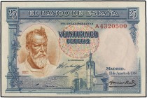 SPANISH BANK NOTES: CIVIL WAR, REPUBLICAN ZONE
Spanish Banknotes
25 Pesetas. 31 Agosto 1936. Sorolla. Serie A. (Leve doblez en esquina superior izqu...