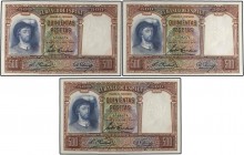 SPANISH BANK NOTES: CIVIL WAR, REPUBLICAN ZONE
Spanish Banknotes
Lote 3 billetes 500 Pesetas. 25 Abril 1931. Elcano. Trío correlativo. Ed-361. SC.