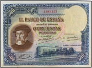 SPANISH BANK NOTES: CIVIL WAR, REPUBLICAN ZONE
Spanish Banknotes
500 Pesetas. 7 Enero 1937. Hernán Cortés. (Leves manchas en el margen inferior y ro...