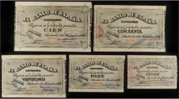 SPANISH BANK NOTES: CIVIL WAR, REPUBLICAN ZONE
Civil War
Serie 5 billetes 5, 10, 25, 50 y 100 Pesetas. 1 Noviembre 1936. EL BANCO DE ESPAÑA. SANTAND...