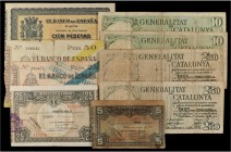 SPANISH BANK NOTES: CIVIL WAR, REPUBLICAN ZONE
Civil War
Lote 9 billetes 2,50 a 100 Pesetas. 1936 a 1937. GENERALITAT DE CATALUNYA, BANCO DE ESPAÑA....