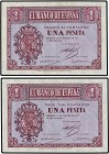 SPANISH BANK NOTES: ESTADO ESPAÑOL
Estado Español
Lote 2 billetes 1 Peseta. 12 Octubre 1937. Serie B. Pareja correlativa. Ed-425a. SC.