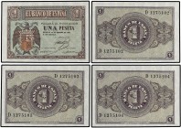 SPANISH BANK NOTES: ESTADO ESPAÑOL
Estado Español
Lote 4 billetes 1 Peseta. 28 Febrero 1938. Serie D. Todos correlativos. Ed-427a. SC.