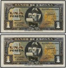 SPANISH BANK NOTES: ESTADO ESPAÑOL
Estado Español
Lote 2 billetes 1 Peseta. 4 Septiembre 1940. Carabela. Serie A. Pareja correlativa. Ed-442a. SC.