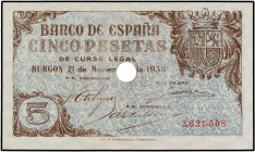 SPANISH BANK NOTES: BANCO DE ESPAÑA
Estado Español
5 Pesetas. 21 Noviembre 1936. Con taladro central. (Leves manchitas del tiempo. Dos trazos rojos ...