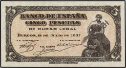 SPANISH BANK NOTES: ESTADO ESPAÑOL
Estado Español
5 pesetas. 18 Julio 1937. Portabella. Sin Serie. (Leve arrugas). Ed-424. SC.