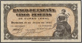SPANISH BANK NOTES: ESTADO ESPAÑOL
Estado Español
5 Pesetas. 18 Julio 1937. Portabella. Serie B. Ed-424a. EBC+.
