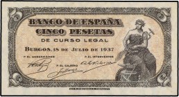 SPANISH BANK NOTES: ESTADO ESPAÑOL
Estado Español
5 Pesetas. 18 Julio 1937. Portabella. Serie C. (Levísimas manchitas del tiempo). Ed-424a. SC.