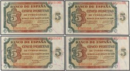 SPANISH BANK NOTES: ESTADO ESPAÑOL
Estado Español
Lote 4 billetes 5 Pesetas. 10 Agosto 1938. Serie K. Todos correlativos. (Una esquina levísimamente...