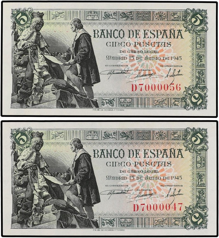 SPANISH BANK NOTES: ESTADO ESPAÑOL
Estado Español
Lote 2 billetes 5 Pesetas. 1...