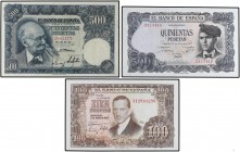 SPANISH BANK NOTES
Lote 3 billetes 100 y 500 Pesetas (2). 1951 a 1971. Romero de Torres Serie 3I, Benlliure Sin Serie y Verdaguer Sin Serie. Ed-460, ...
